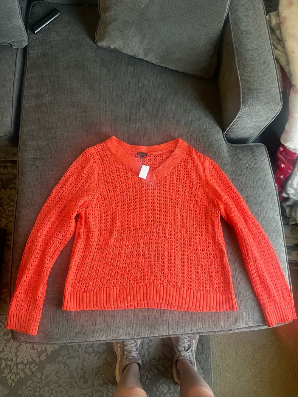 Talbots Bright Orange Open‑Knit V‑Neck Sweater